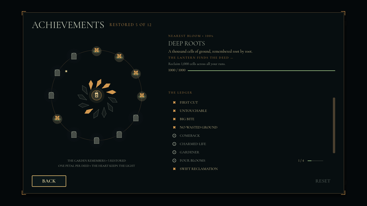 The Gravebloom achievement archive with restored deeds blooming around a lantern-lit heart