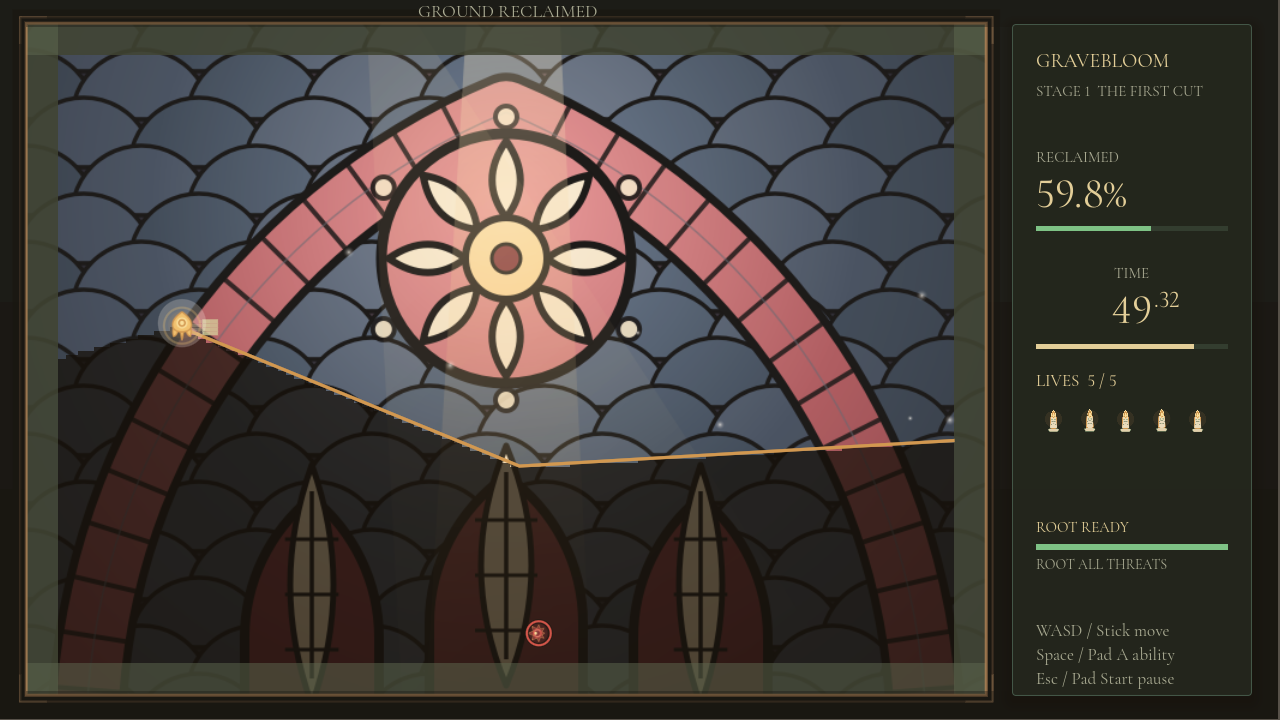 Gravebloom gameplay showing a lantern vessel carving a line through a dark arena to reclaim stained glass