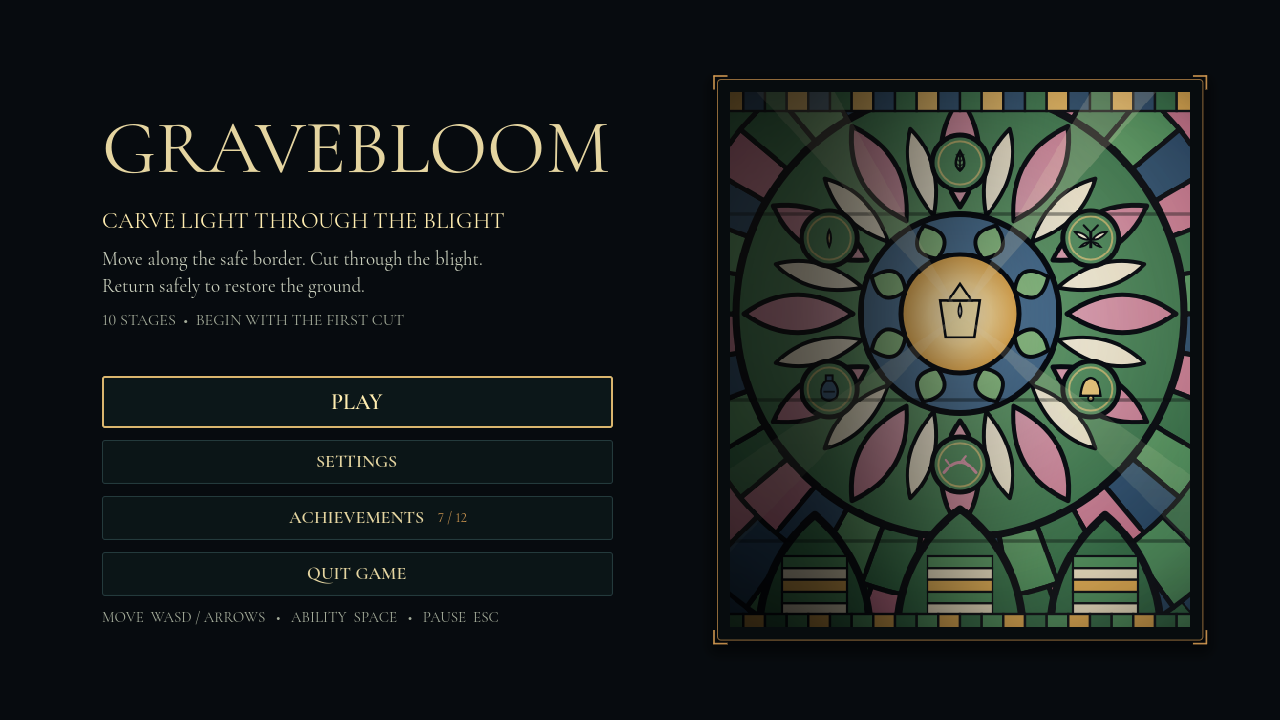 The Gravebloom title screen beside a gothic stained-glass game window