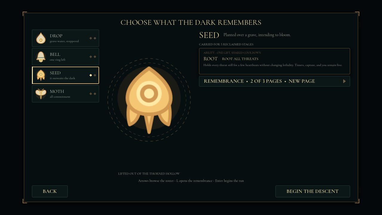 Gravebloom vessel selection showing four lantern vessels and their abilities